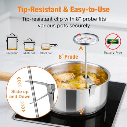2-Pack Candy Thermometer with Pot Clip - Oil Thermometer for Frying, Upgraded 2.5" Waterproof Dial, Tip-Resistant Clip, Temp Marker & 8" Probe for Deep Frying & Candy Making