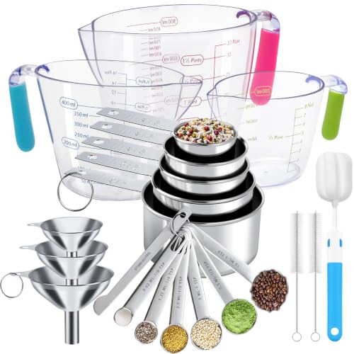 Measuring Cups and Spoons Set 21 Piece, 11 Stainless Steel Nesting Measuring Spoons and Cups with 3 Plastic Measuring Cup, 3 Funnel, 3 Brush, 1 Ruler, Measuring Cup Set for Kitchen Baking Liquid Dry - color: 21 Piece