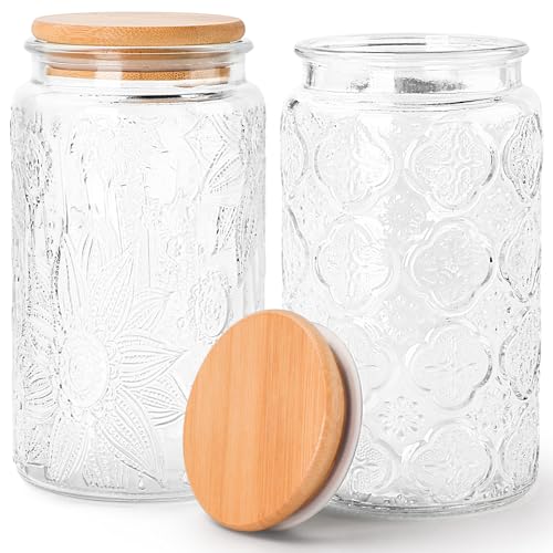 GUEQUITLEX Vintage Glass Jars with Lid, 32OZ Food Storage Containers 2 Pack Clear Mason Jars With Airtight Lid for Kitchen Counter,Food Storage, Dry Food, Snacks, Candies, DIY Projects - color: 32oz,2 pcs