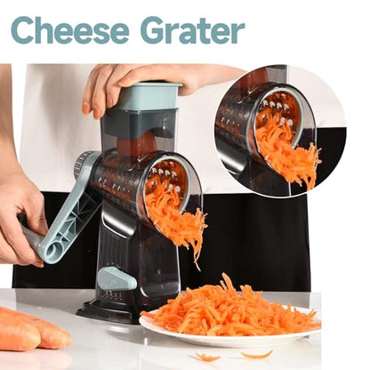 Rotary Cheese Grater with Handle Kitchen Shredder Slicer Grater Slicer Ice Shaver Cheese Vegetable Nuts Potato Zucchini Chocolate 3 Interchangeable Blades (GreyBlue) - color: Blue