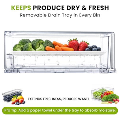 6Pack Fridge Organizers and Storage,Stackable Fridge Organizer Bins with Lids, 2 Pull Out Fridge Organizers and 4 Storage Container with Drain Tray for Fruits, Vegetables, Drinks, Snack and Food