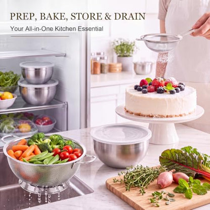 Geetery 7 Pcs Stainless Steel Kitchen Accessories Set 3 Nesting Mixing Bowls with Lid(1.5/3/5qt), 1 Colander with Handle(5qt), 3 Fine Mesh Strainers(8/14/20cm) for Cooking, Baking, Prepping, Draining