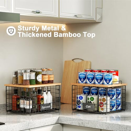 2 Pack Stackable Wire Baskets with Bamboo Top for Pantry Organizers and Storage, XXL Kitchen Organization Counter Basket for Fruit, Vegetable, Produce, Bread, Potato and Onion Storage Bins - size: XXL-15.2x11.02x9.84