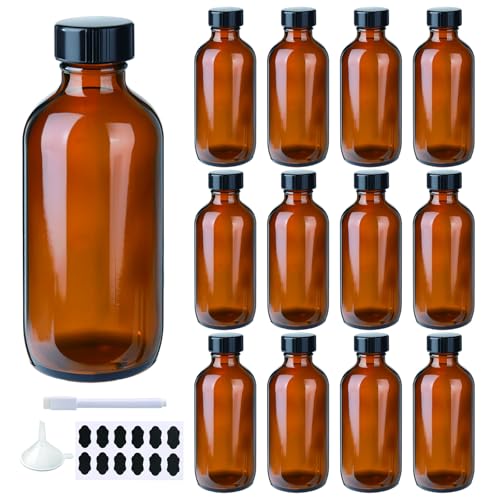 12 Pack 4oz Glass Boston Round Bottles, Amber Glass Bottles with Black Lids, Leak Proof, Handy Storage for Homemade Essential Oils, Vanilla Extract - size: 4oz 12Pack