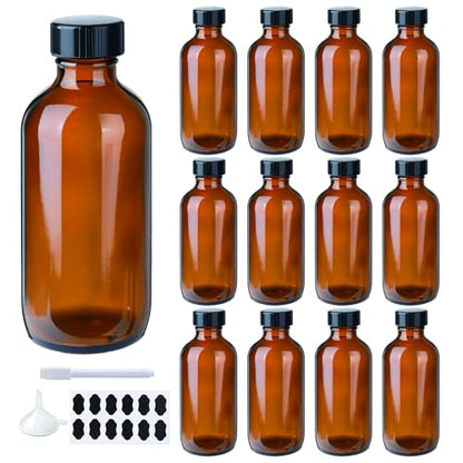 12 Pack 4oz Glass Boston Round Bottles, Amber Glass Bottles with Black Lids, Leak Proof, Handy Storage for Homemade Essential Oils, Vanilla Extract - size: 4oz 12Pack