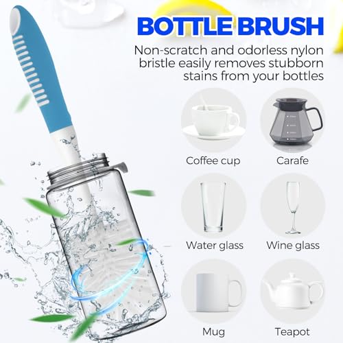 Holikme 6 Pack Dish Brush Set with Bottle Brush, Dish Scrub Brush, Pan Brush and 3 Straw Brushes, Deep Cleaning Handle Brush with Scraper Tip for Kitchen Sink Dishes Bottle Cup Pot and Pans (Azul) - color: Azul