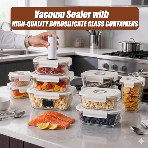 17PCS Vacuum Food Storage Containers Set with Electric Pump, 6 Borosilicate Glass Meal Prep Containers & 10 Reusable Vacuum Sealer Bags, BPA-Free for Meal Prep, Marinating & Sous Vide