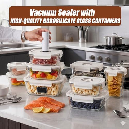 17PCS Vacuum Food Storage Containers Set with Electric Pump, 6 Borosilicate Glass Meal Prep Containers & 10 Reusable Vacuum Sealer Bags, BPA-Free for Meal Prep, Marinating & Sous Vide
