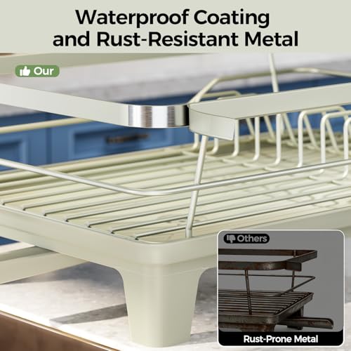 Urackify Dish Drying Rack for Kitchen Counter, Sink Dish Rack with Drainboard, Large Dish Drainer with Cups Holder, Home Countertop Plate Dryer Storage Rack with Cutlery Holder, Soft Celery Green - color: Soft Celery Green