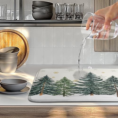 Winter Forest Dish Drying Mat Winter Snowflake Large Kitchen Mats Dish Drying Pad Christmas Tree Absorbent Dish Dryer Mat for Kitchen Countertops Microfiber Drainer Pad Dish Drying Mats (18x24 in)