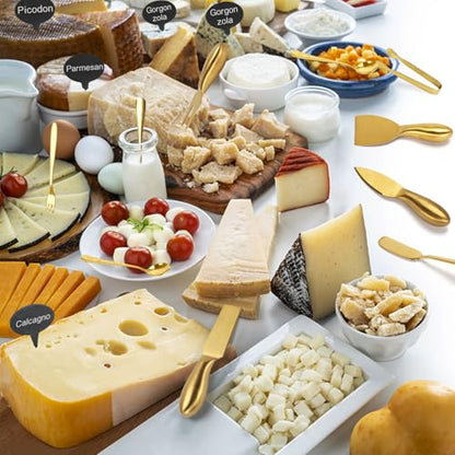 18 pieces Charcuterie Board Accessories, Gold Stainless Steel Cheese Knives, Butter Knife Spreader, Appetizer Forks, Mini Serving Tongs Spoons for Gathering Wedding Birthday... - color: Gold