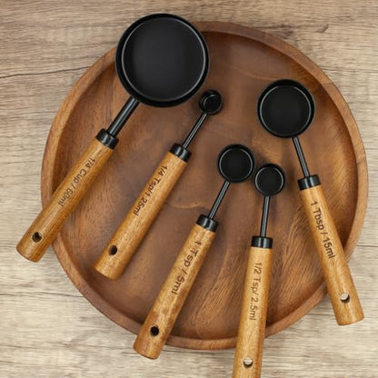 Measuring Cups and Spoons Set of 8, Stainless Steel Measuring Cup with Wooden Handle, Kitchen/Food/Liquid/Baking (Black) - color: Black