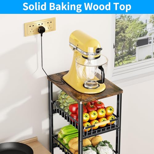 Fruit Vegetable Storage Basket for Kitchen, 4 Tier Large Pull-Out Metal Wire Baskets with 3 Pack Mats Bottom, Wood Top and Wheels, Vegetable Produce Bins Stand Cart Rack for Onions and Potatoes - color: 4 Tier-black With Three Mats and Wood Top
