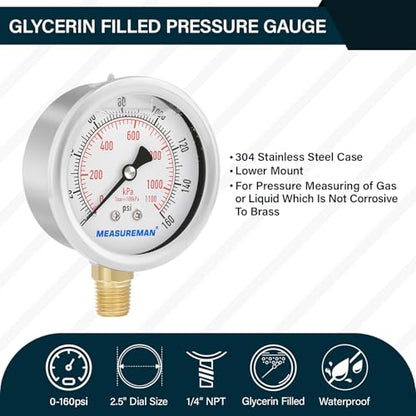 MEASUREMAN 2-1/2inch Dial Size, Oil Filled Pressure Gauge, 0-160psi/kpa, 304 Stainless Steel Case, 1/4inchNPT Lower Mount - size: 0-160 psi, style: Lower Mount