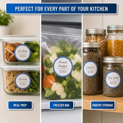 Water Soluble Labels for Food Containers – Dissolvable Kitchen Labels – No Sticky Residue – 2" Diameter, Two-Line Writable Surface, 200 Labels Per Roll (Blue) - color: Blue