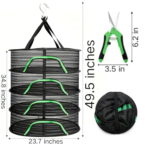 Coloch 4 Layer Herb Drying Rack with Zipper, Hanging Mesh Net with Garden Shear, Collapsible Food Drying Net for Seeds, Buds, Fruits, Vegetables, Herbs, Fish, Clothes(Black)