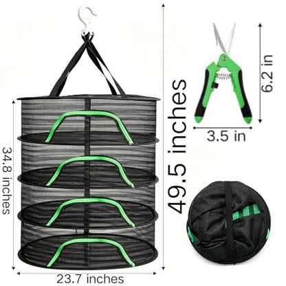 Coloch 4 Layer Herb Drying Rack with Zipper, Hanging Mesh Net with Garden Shear, Collapsible Food Drying Net for Seeds, Buds, Fruits, Vegetables, Herbs, Fish, Clothes(Black)