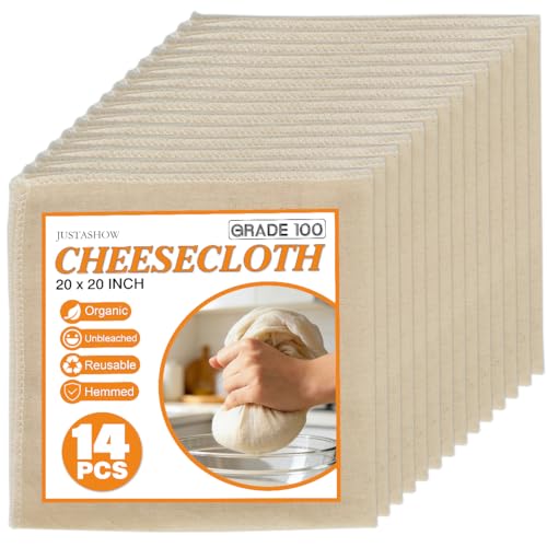 14 Pack Cheese Cloths, 20x20 Inch Cheesecloth Hemmed Edge Unbleached Fine Fabric, Reusable Grade 100 Cotton Muslin Cloth for Turkey, Butter, Cooking, Straining, Cheese Making, Juicing, Baking - size: 20x20 inch-14PCS