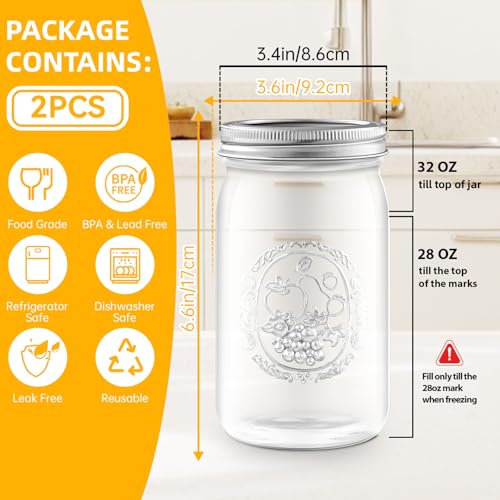 Miuyhji Wide Mouth Mason Jars 32 oz with Lids [2 Pack], Canning Jars with Metal Airtight Lids and Bands, Glass Jars for Fermenting, Pickling, Freezing, Preserving, Meal Prep, Jar Décor - size: 32 oz-2Pcs (Clear)