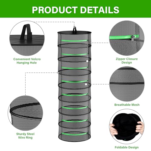 iPower Herb Drying Rack 2-Pack 8-Layer 2ft Foldable Hanging Mesh Net Dryer with Zippers, Heavy Duty Ring, Free Storage Bag and Hook, for Hydroponics Plants Herbs Petals