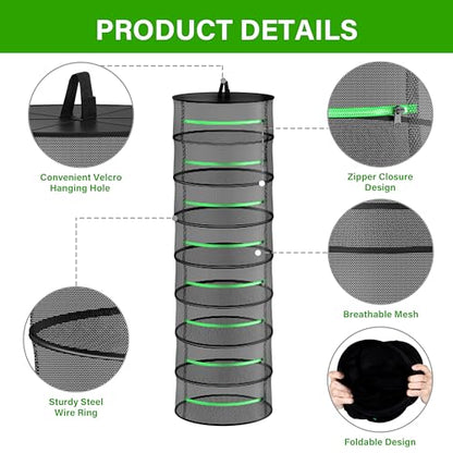 iPower Herb Drying Rack 2-Pack 8-Layer 2ft Foldable Hanging Mesh Net Dryer with Zippers, Heavy Duty Ring, Free Storage Bag and Hook, for Hydroponics Plants Herbs Petals