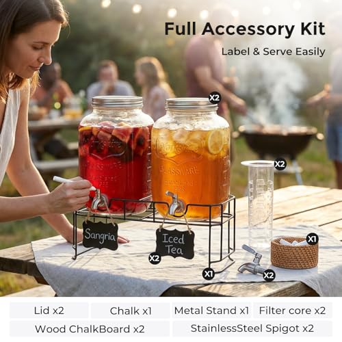 DD&HAPP 2 Gallon Glass Drinks For Parties With Stand.Stainless Steel Spigots & Metal Stand,Large Capacity Beverage Dispenser for Party,Infused Water,Iced Tea,Lemonade,Outdoor,Commercial Use. - size: 2 Gallon Double With Stand