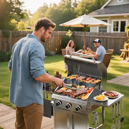 Electactic Propane Gas Grill, 3-Burner 24,000 BTU Stainless Steel BBQ Grill with Foldable Shelf for Outdoor Barbecue and Cooking - size: 3 Burner Gas Grills with Foldable Shelf