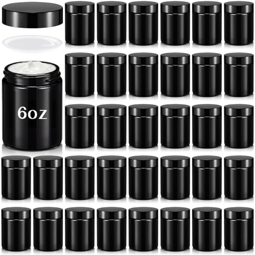 Domensi 36 Pcs Bulk 6oz Glass Jars with Lids Leakproof Round Airtight Empty Cosmetic Jars with Inner Liners Lid for Storing Lotions Spices Ointments Food Storage (Black) - color: Black