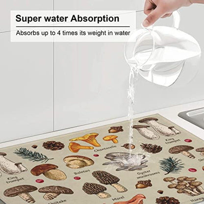 Mushroom Dish Drying Mats For Kitchen Counter XL Microfiber Kitchen Drying Mat Large Draining Pad Absorbent Quick Drying Dish Mat 18x24 Inch - color: Mushroom