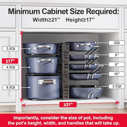 ORDORA Pots and Pans Organizer Under Cabinet 14.55" Height, Adjustable 8-Tier Pot Organizers inside Cabinet, Kitchen Organizers and Storage Fit 6-11 inch Lightweight Cookware - style: M-14.55"H-LightDuty