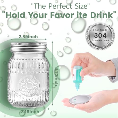 16oz Mason Jars 4-Pack with Rust-Proof 304 Stainless Steel Lids and Bands | Pint Glass Jars with Elegant Sunflower Embossing, Leak-proof for Meal Prep, Pickling, Overnight Oats, Dry Food & DIY Crafts - color: Clear-16OZ