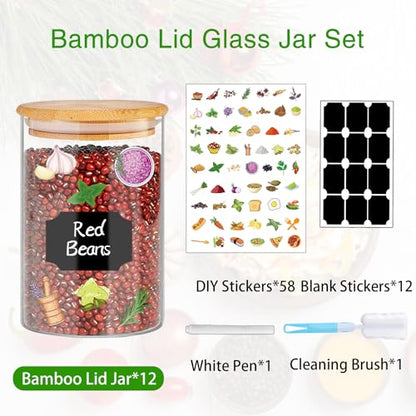 BGraceyy Glass Jars with Bamboo Lids 20 oz, 12 Pcs Stackable Kitchen Glass Pantry Storage Containers with Airtight Bamboo Lids for Rice, Candy, Sugar, Flour, Nuts, Cookie, Bean - size: 20 oz 12 pcs