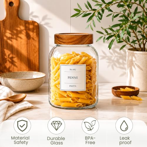 CONNOO 66 oz Set of 2 Large Glass Food Storage Jars Airtight Acacia Wood Lid Pantry Containers with 120 Labels Wide-Mouth Design for Easy Scooping for Flour, Sugar, Rice, Pasta, Coffee and Dry Foods - color: cylindrical/66oz/2pcs