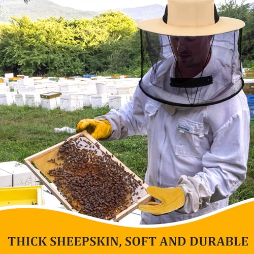 Beekeeping Gloves Hats Set 2 Thick Goatskin Leather Bee Gloves with Ventilated Sleeves and 2 Pack Beekeeping Fencing Veil Mosquito Hats Netting Sun Head Net Hat with Hidden Net Mesh Mask (Set of 2)