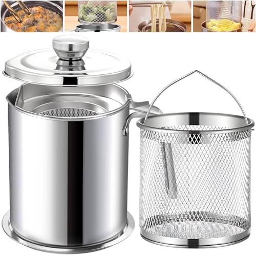 Chihee Grease Container Deep Fryer 2 in 1 Stainless Steel 2L / 67.6 fl oz | Bacon Grease Saver with Fine Mesh Strainer Fry Basket Oil Container Grease Can with Lid Tray for Kitchen Storing Frying - color: Silver(2L with Fryer Basket)