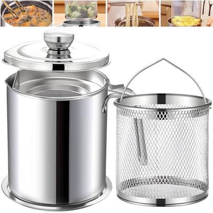 Chihee Grease Container Deep Fryer 2 in 1 Stainless Steel 2L / 67.6 fl oz | Bacon Grease Saver with Fine Mesh Strainer Fry Basket Oil Container Grease Can with Lid Tray for Kitchen Storing Frying - color: Silver(2L with Fryer Basket)