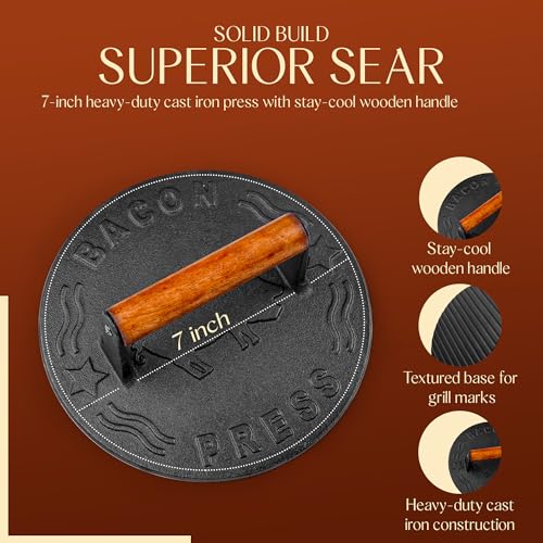 Heavy-Duty Cast Iron Burger Press 7 Inch Round Burger Smasher, Grill Press for Cooking Burgers, Bacon, Sandwiches, Steak, Ground Beef, Meats, Sausages - size: 7" Bacon Press
