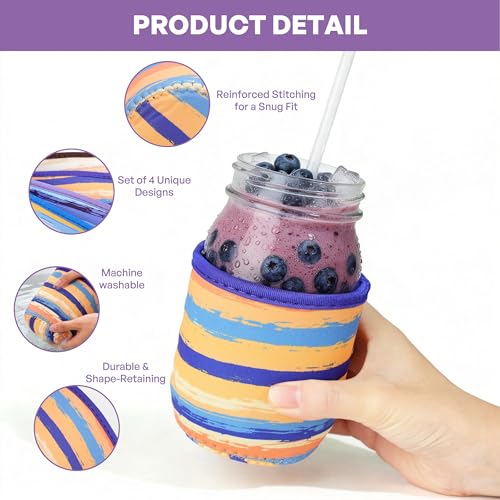 KJQJLY 4 Pcs Mason Jars Sleeves Neoprene 16oz Regular and Wide Mouth Mason Jar Sleeves Holder with Handle (rainbow, 16 OZ) - color: rainbow, size: 16 OZ
