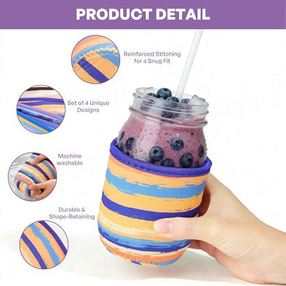 KJQJLY 4 Pcs Mason Jars Sleeves Neoprene 16oz Regular and Wide Mouth Mason Jar Sleeves Holder with Handle (rainbow, 16 OZ) - color: rainbow, size: 16 OZ
