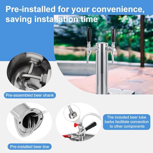 Adjustable Dual Tap Kegerator Tower Draft Beer Tower Pre-assembled Beer Keg Tap Tower Stainless Steel Beer Dispenser Tower Stainless Core Self-Closing Beer Faucet for Homebrew Kegerator Parts