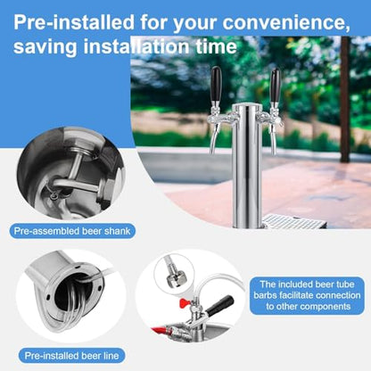 Adjustable Dual Tap Kegerator Tower Draft Beer Tower Pre-assembled Beer Keg Tap Tower Stainless Steel Beer Dispenser Tower Stainless Core Self-Closing Beer Faucet for Homebrew Kegerator Parts