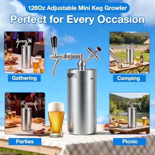 128oz Stainless Steel Mini Keg Growler Portable Kegerator, Adjustable Pressurized Mini Kegerator for Homebrew, Beer Growler Tap System for Craft Beer Cider and Kombucha