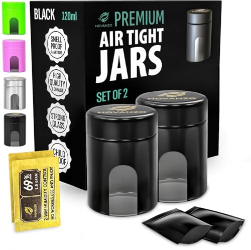 HOVANZO Premium Airtight Glass Storage Jars 1L with 69% Humidity Control 4 Packs - UV Air Tight Jars with Child-Resistant Lid - Airtight Jar Container, Air Tight Storage,Storage Jars for Herb/Spice - color: Black, size: 1000 ML - 1Pc