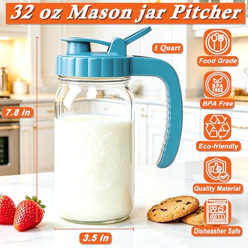 Mason Jar Pitcher With Pour Spout Lid 32 Oz Glass Breastmilk Storage Wide Mouth Airtight & Leakproof Water Jug With Flip Cap For Cold Brew Coffee Iced Tea Sun Tea Lemonade Juice Beverages - color: 32 OZ
