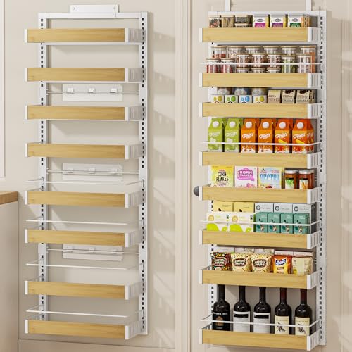 POKIPO 8 Tier Over The Door Pantry Organizer, 2 IN 1 Wall Mount or Hanging Spice Rack Seasoning Shelves with Adjustable Basket, Back of Door Organizer and Storage for Kitchen Cabinet and Room Closet - color: White, size: 8 Tiers