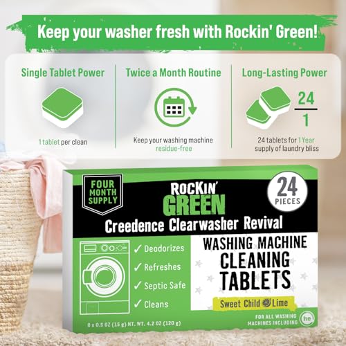 Rockin' Green Deep Cleaning and Deodorizing Tablets for Dishwashers, Washing Machines, and Garbage Disposals, Removes Odor and Residue (Washing Machine Cleaning Tablets, 24 Pack) - size: 24 Count (Pack of 1), style: Washing Machine Cleaning Tablets