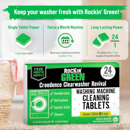 Rockin' Green Deep Cleaning and Deodorizing Tablets for Dishwashers, Washing Machines, and Garbage Disposals, Removes Odor and Residue (Washing Machine Cleaning Tablets, 24 Pack) - size: 24 Count (Pack of 1), style: Washing Machine Cleaning Tablets