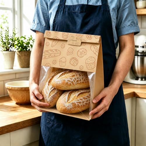 Extra Large Bread Bags for Homemade, 50 Count, 50% Thicker Sourdough Paper With Ties, 15.7 * 10.2 * 5.1 in, Tin Tie Tab Lock Bakery Bags With Window and Sealing Stickers for Storage Packaging Gifting - color: No print