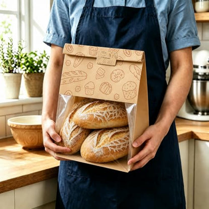 Extra Large Bread Bags for Homemade, 50 Count, 50% Thicker Sourdough Paper With Ties, 15.7 * 10.2 * 5.1 in, Tin Tie Tab Lock Bakery Bags With Window and Sealing Stickers for Storage Packaging Gifting - color: No print