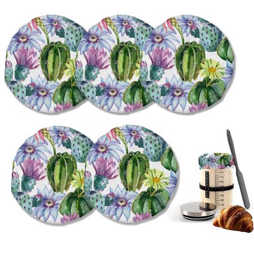Cactus Flower Cloth Covers for Sourdough Starter Jars, Heat Preservation to Increase Fermentation for Bread Sewn Cloth Cover for Sourdough Starter（5 Pack） - color: Watercolour Cactus Flower